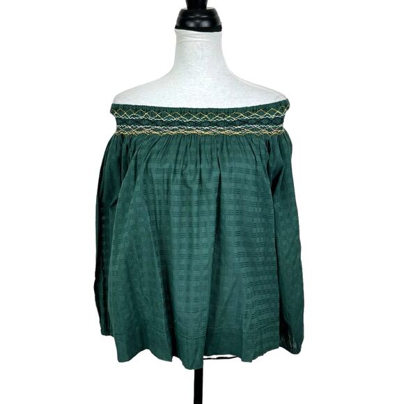 The Great NWT Sea Glass Top Palm Leaf Green Smocked Billowy Checked Cotton Top - Picture 6 of 16